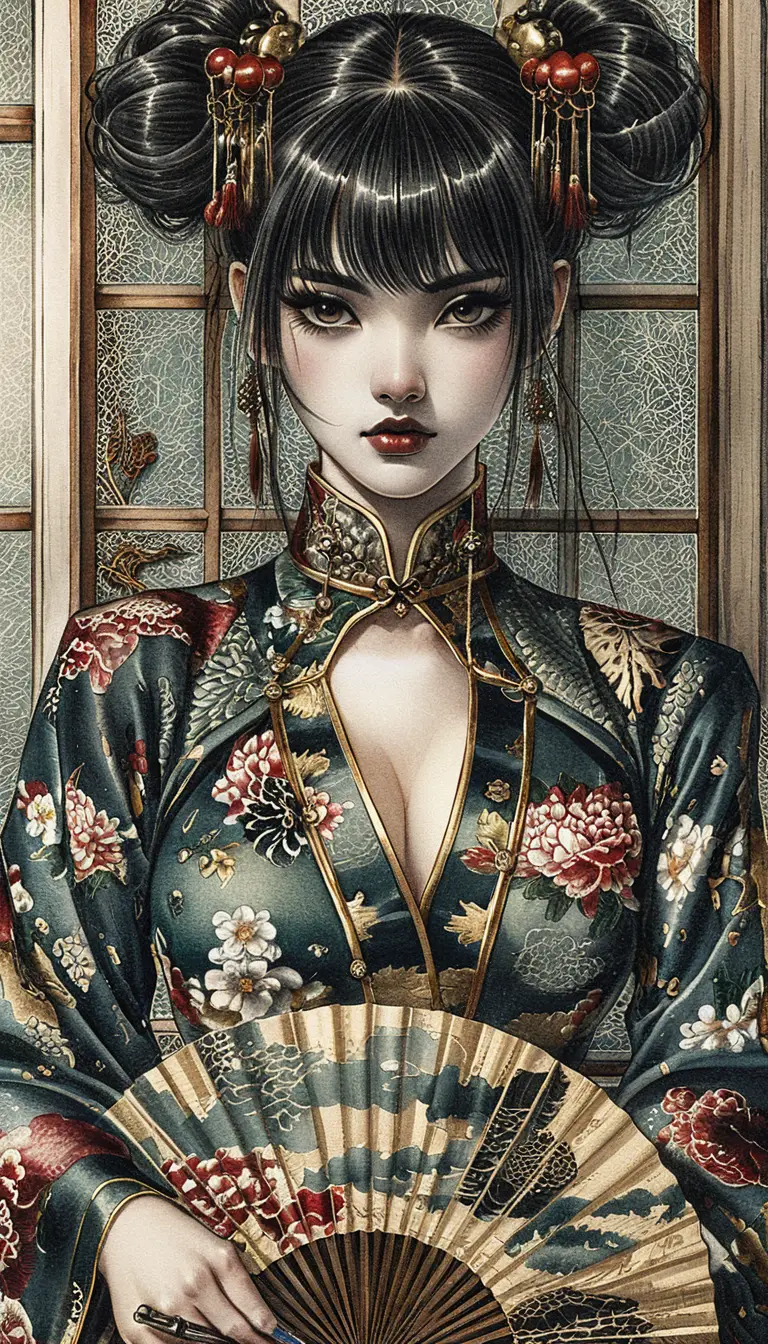 Dark fantasy woman in emerald cheongsam with folding fan