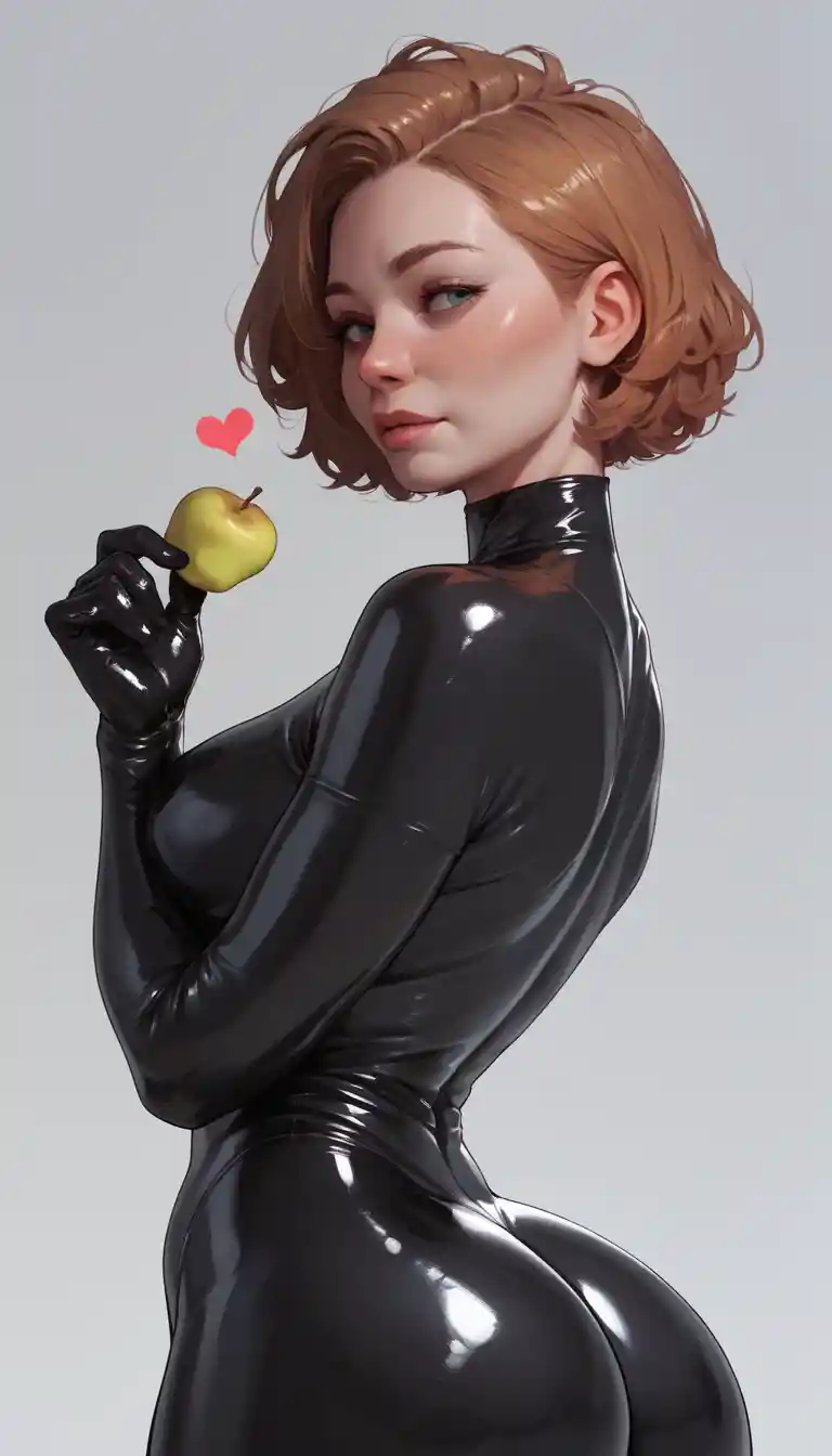 Curvy woman in tight latex suit with pale skin