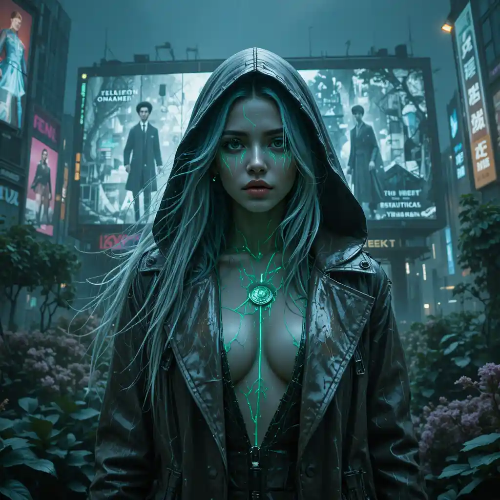Cinematic Cyberpunk Woman Before Futuristic Garden City