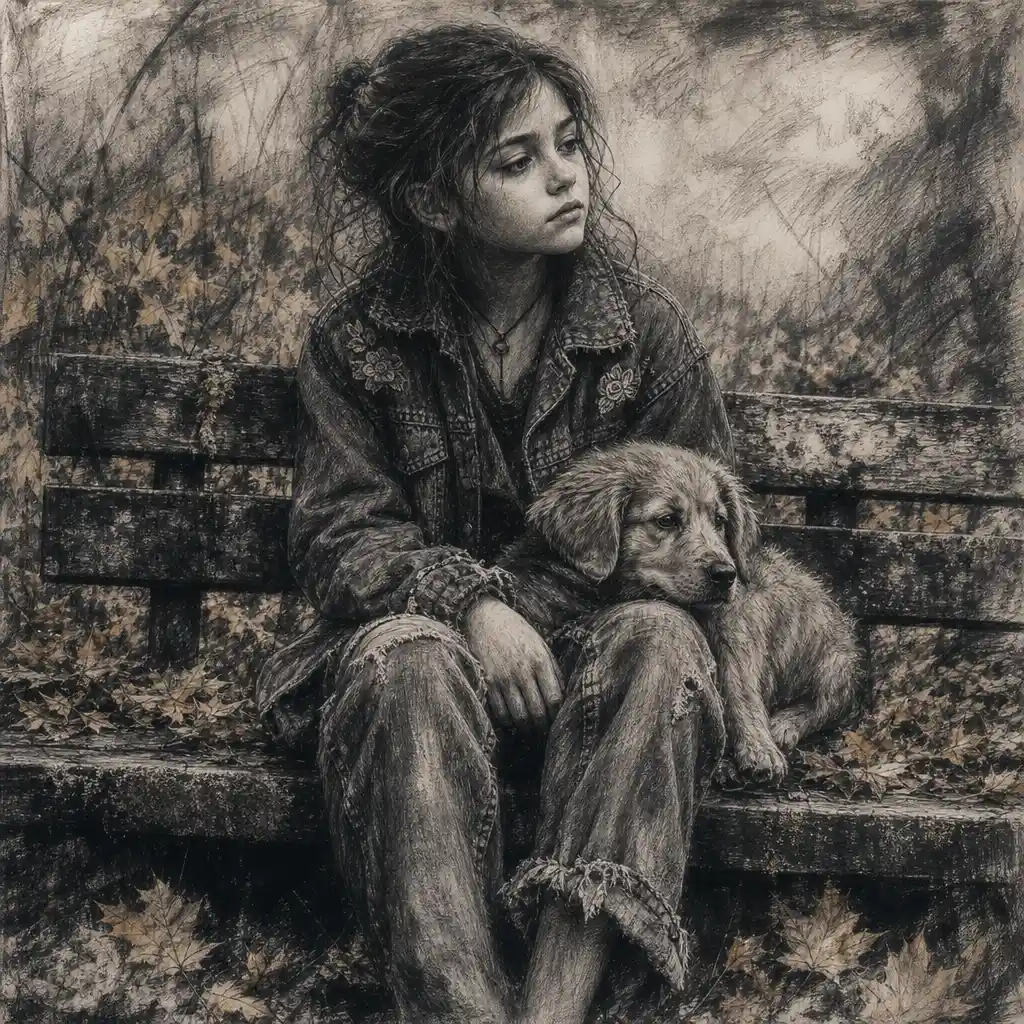 Melancholic girl with puppy on mossy bench in charcoal drawing