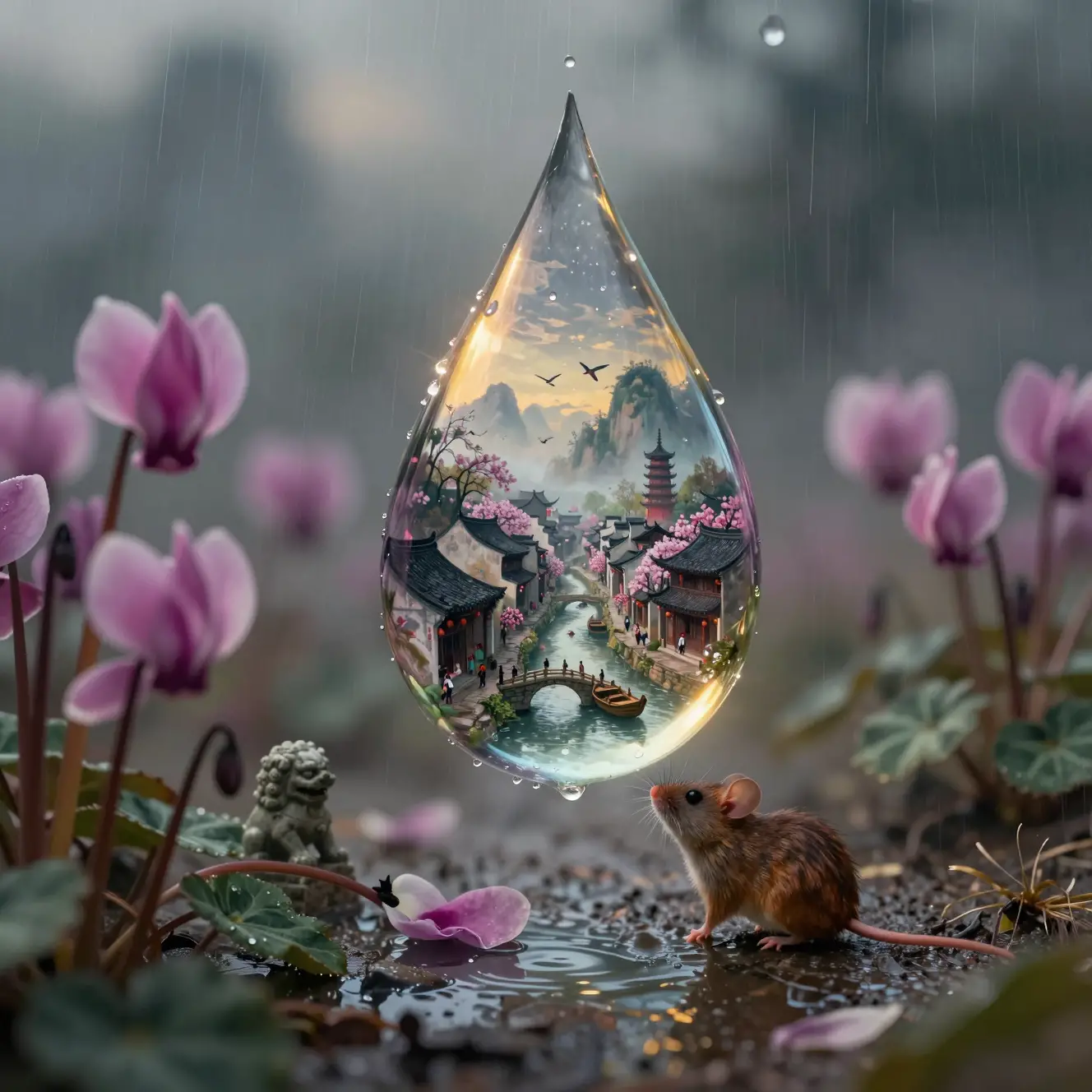 Close up mouse watching a raindrop village in sunlight
