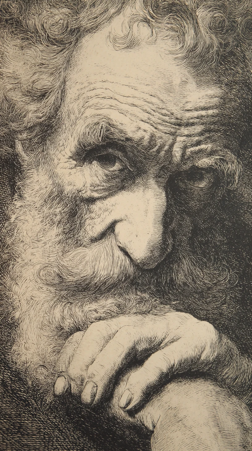 Engraved portrait of a thoughtful old man in deep contemplation