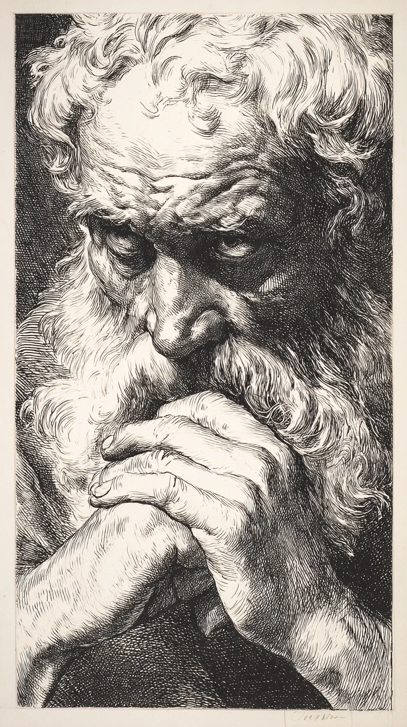 Engraved portrait of a thoughtful old man in deep reflection