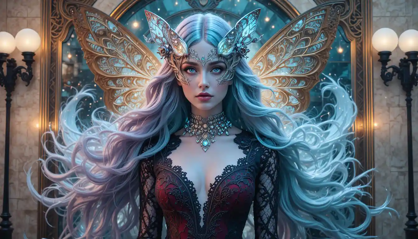 Futuristic art nouveau woman amid flowing geometric tiles