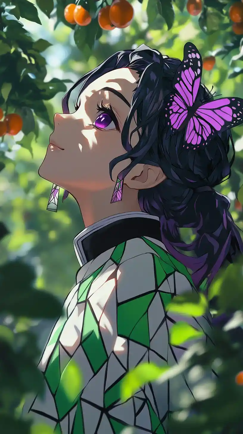Anime girl smiling softly in a sunlit forest orchard