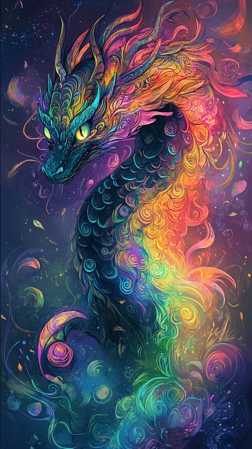 Playful Cartoon Dragon With Rainbow Doodle Patterns