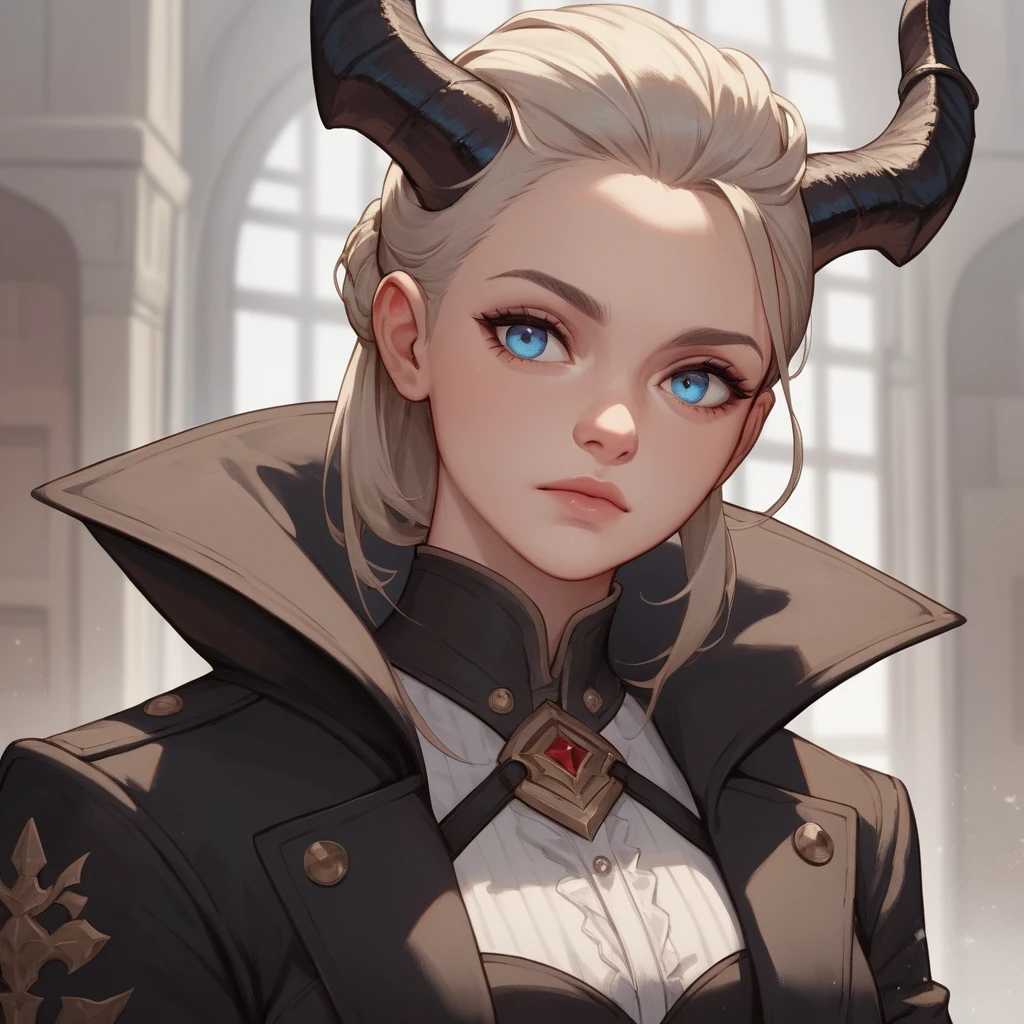 Horned woman with blue eyes in a smoky tavern