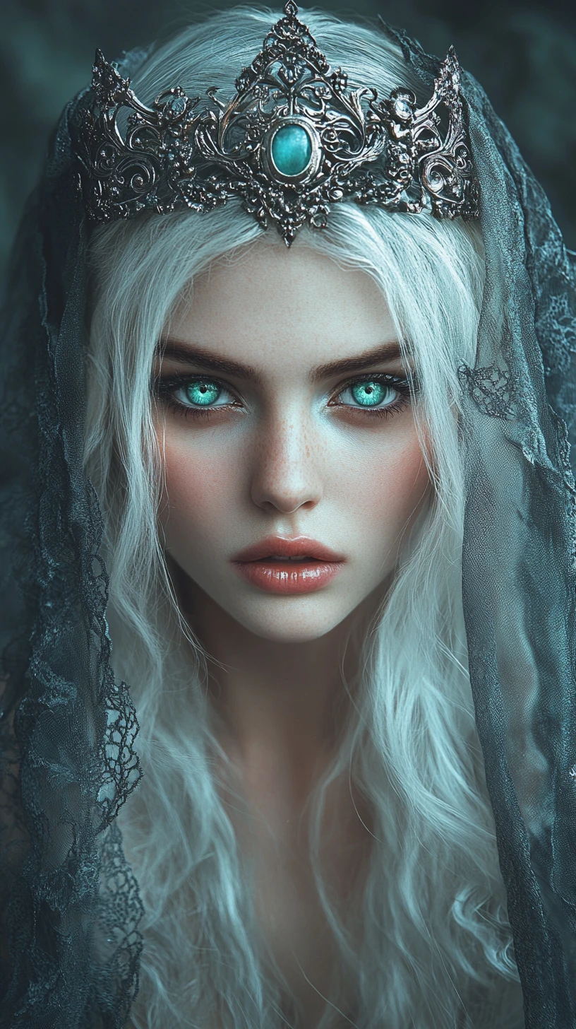 Mystical girl in crown veiled in an enchanted forest