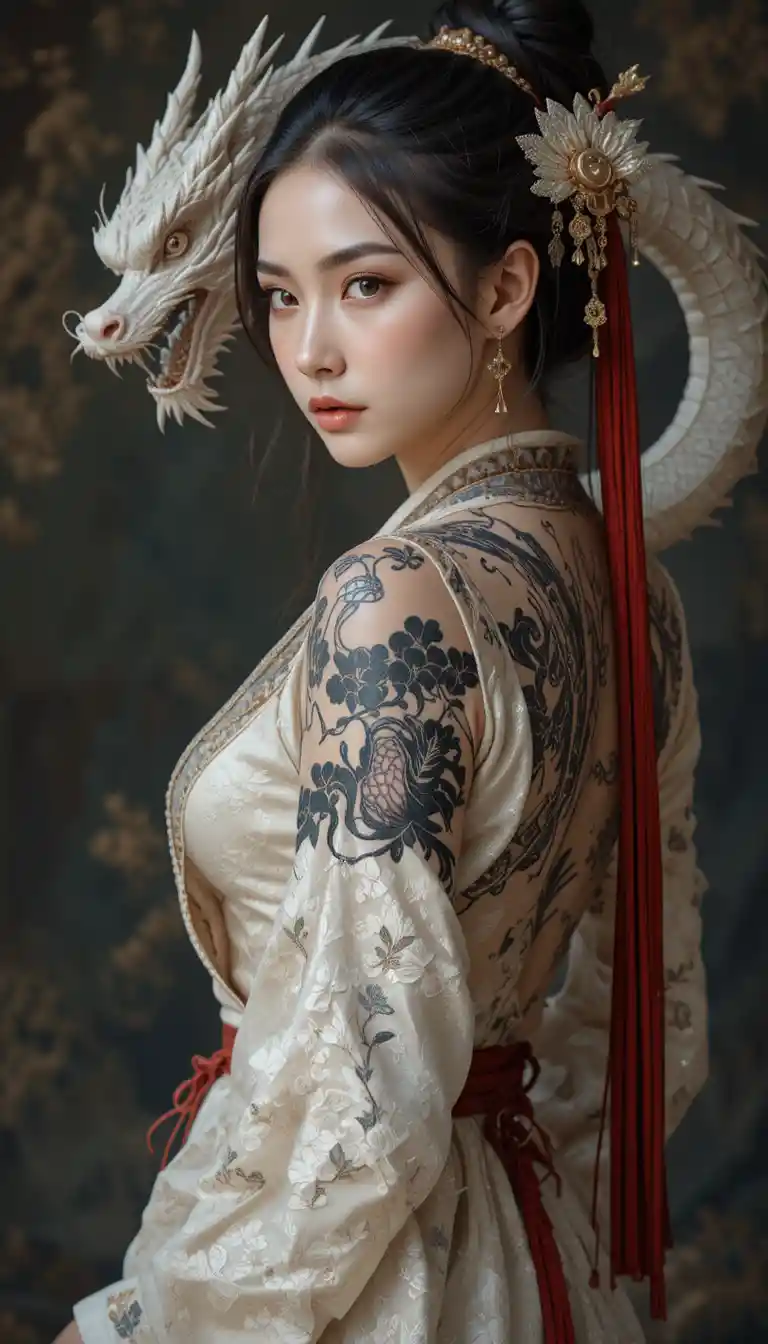 Asian woman warrior with dragon tattoo and red rope belt
