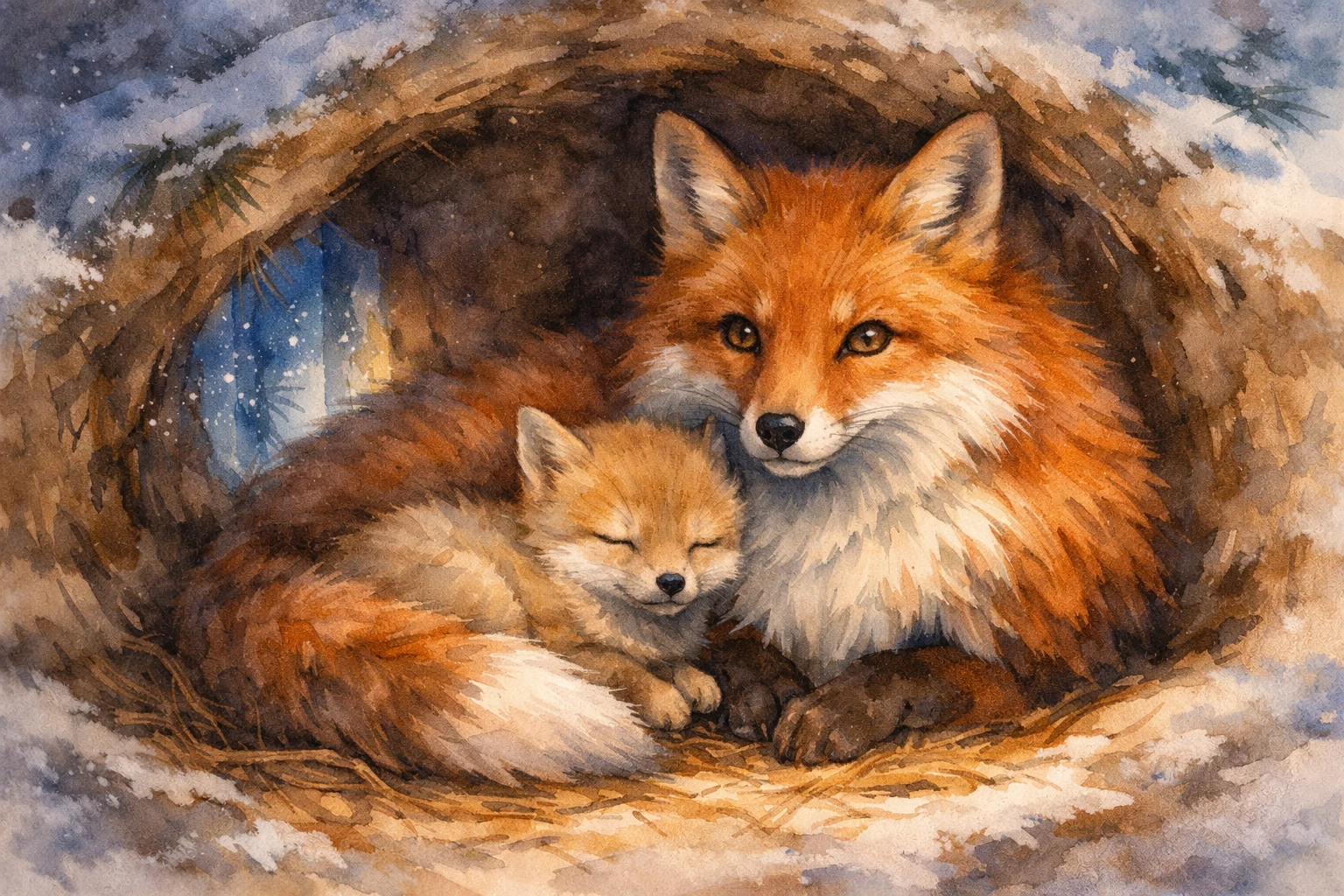 Mother fox sheltering her sleeping kit in snowy den