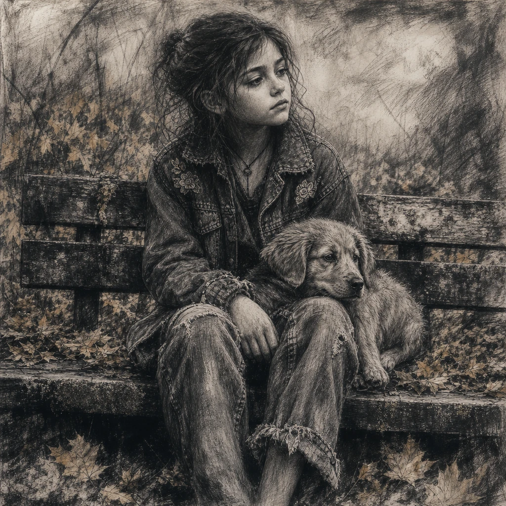Melancholic girl with puppy on mossy bench in charcoal drawing
