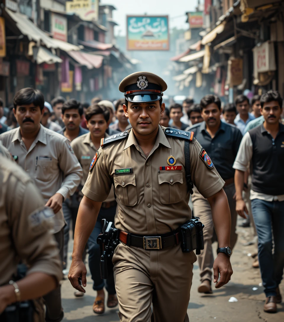 Police officer evacuating civilians from crowded Lahore bazaar