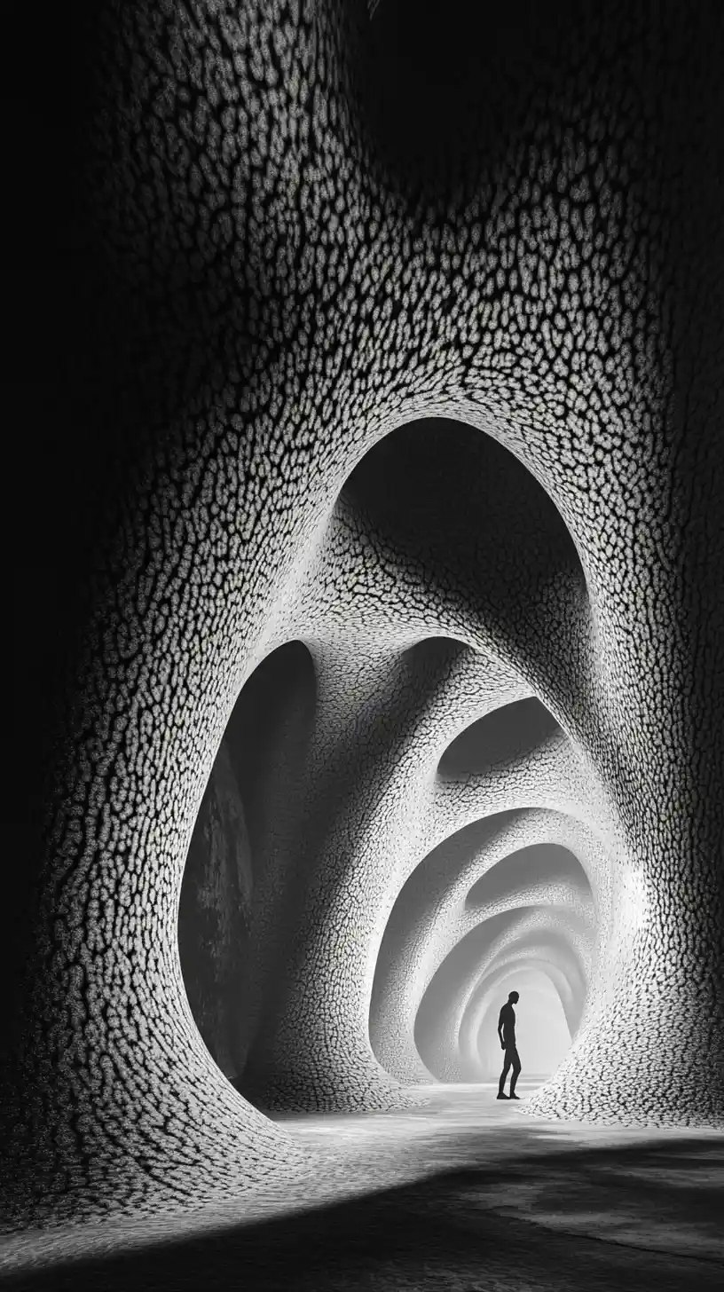 Surreal corridor of bending arches with a lone walking figure