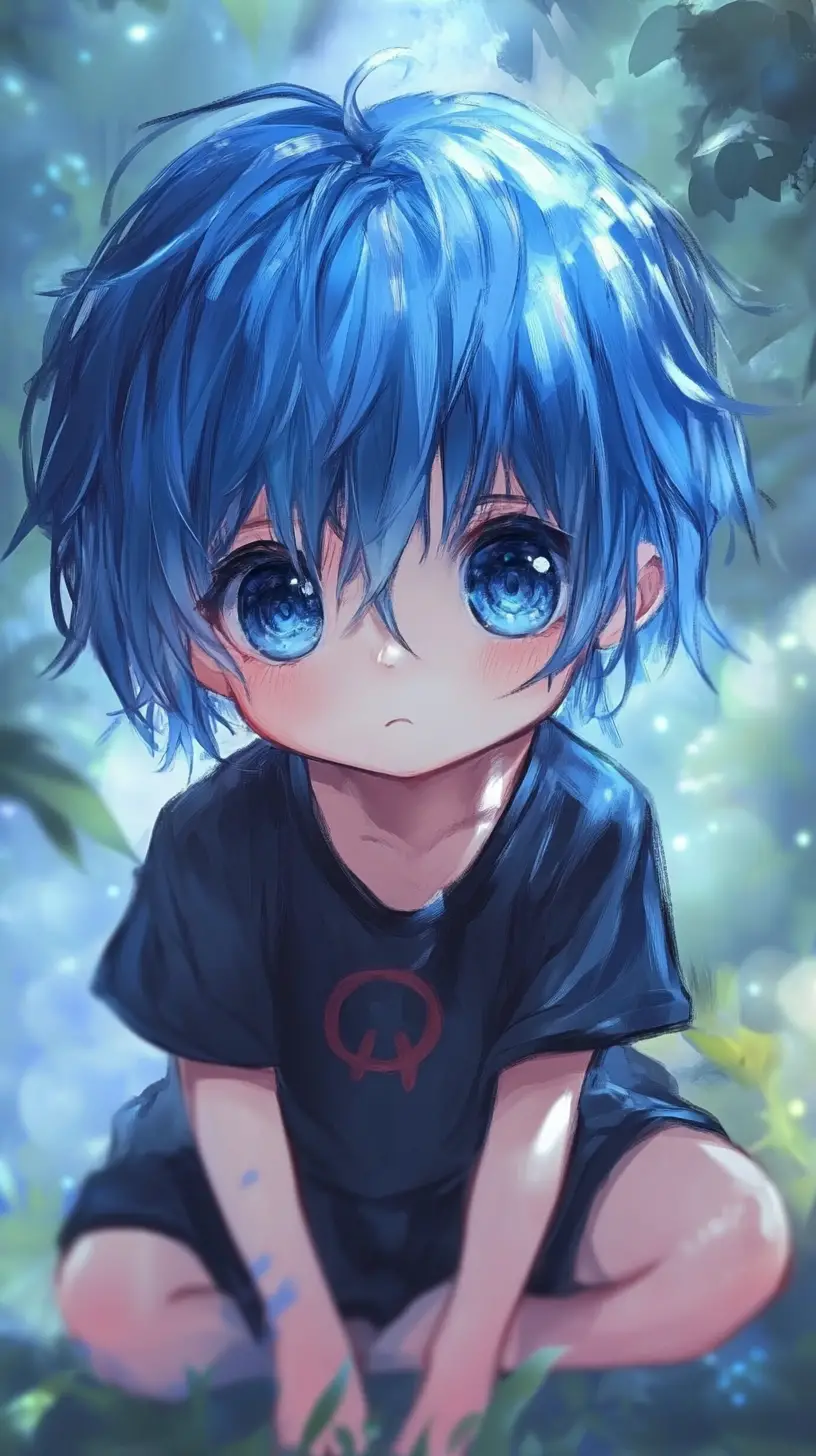 Chibi blue haired boy portrait in dreamy forest