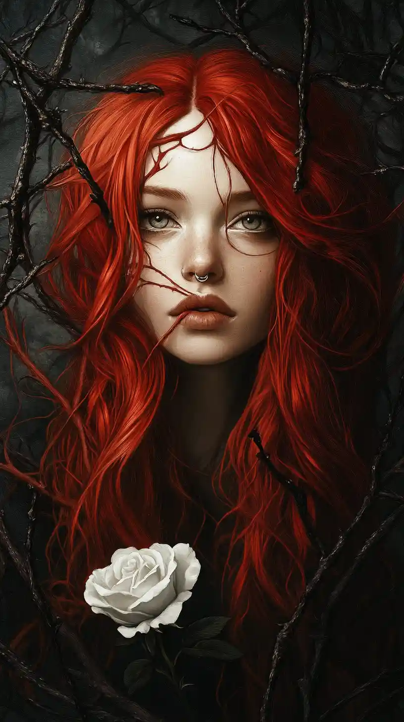 Gothic portrait of a woman with carmine red hair