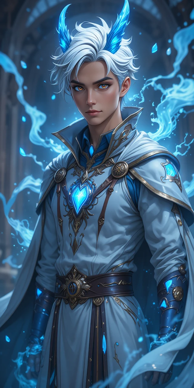 Anime eliatrope man with glowing blue antlers and runes