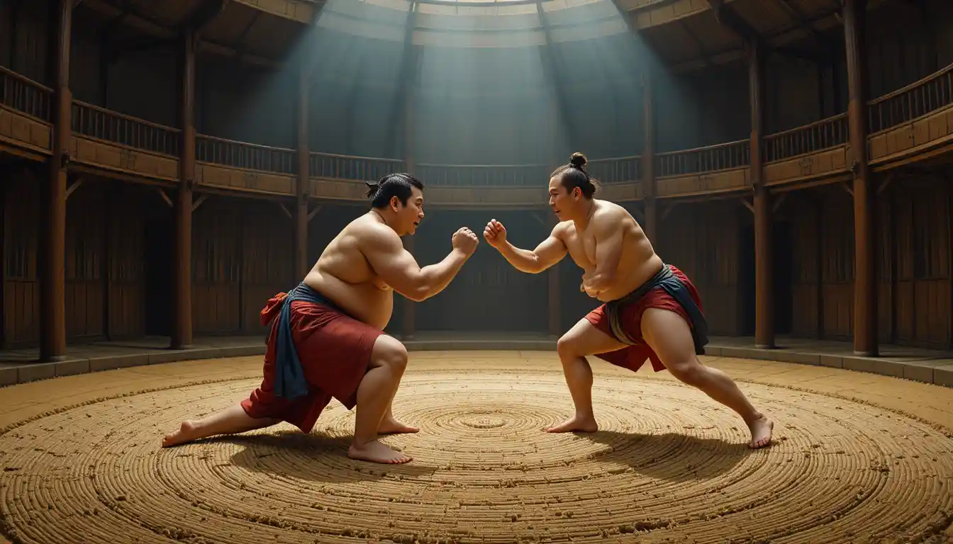 Sumo wrestlers clash in a traditional Japanese indoor arena