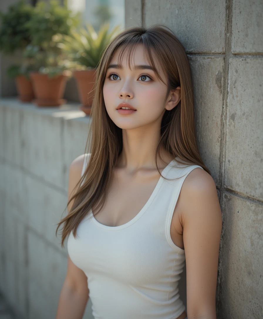 Young Asian woman leaning against a concrete wall