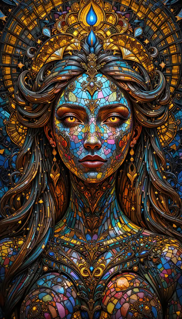Stained glass goddess glowing amid fractal abstract patterns
