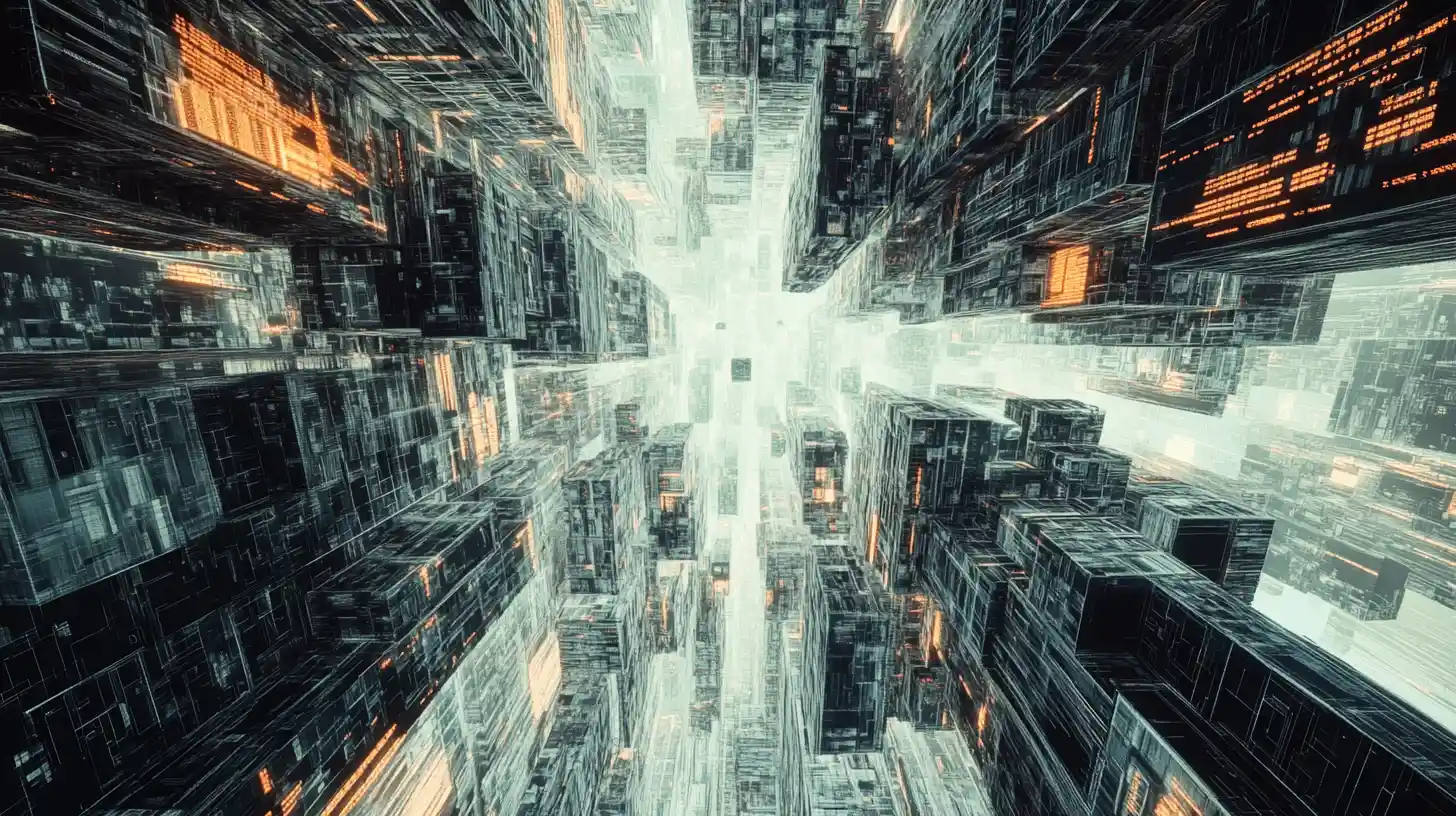 Surreal cityscape of impossible architecture and rising data structures