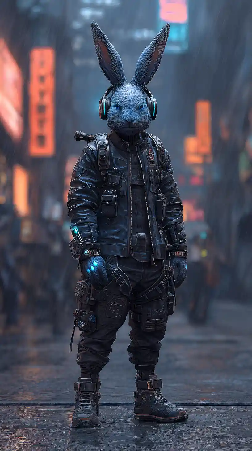 Cyberpunk rabbit warrior glowing in a rainy neon alley