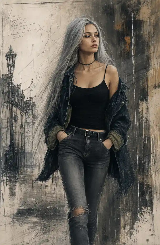 Young woman with silver hair walking in mixed media style