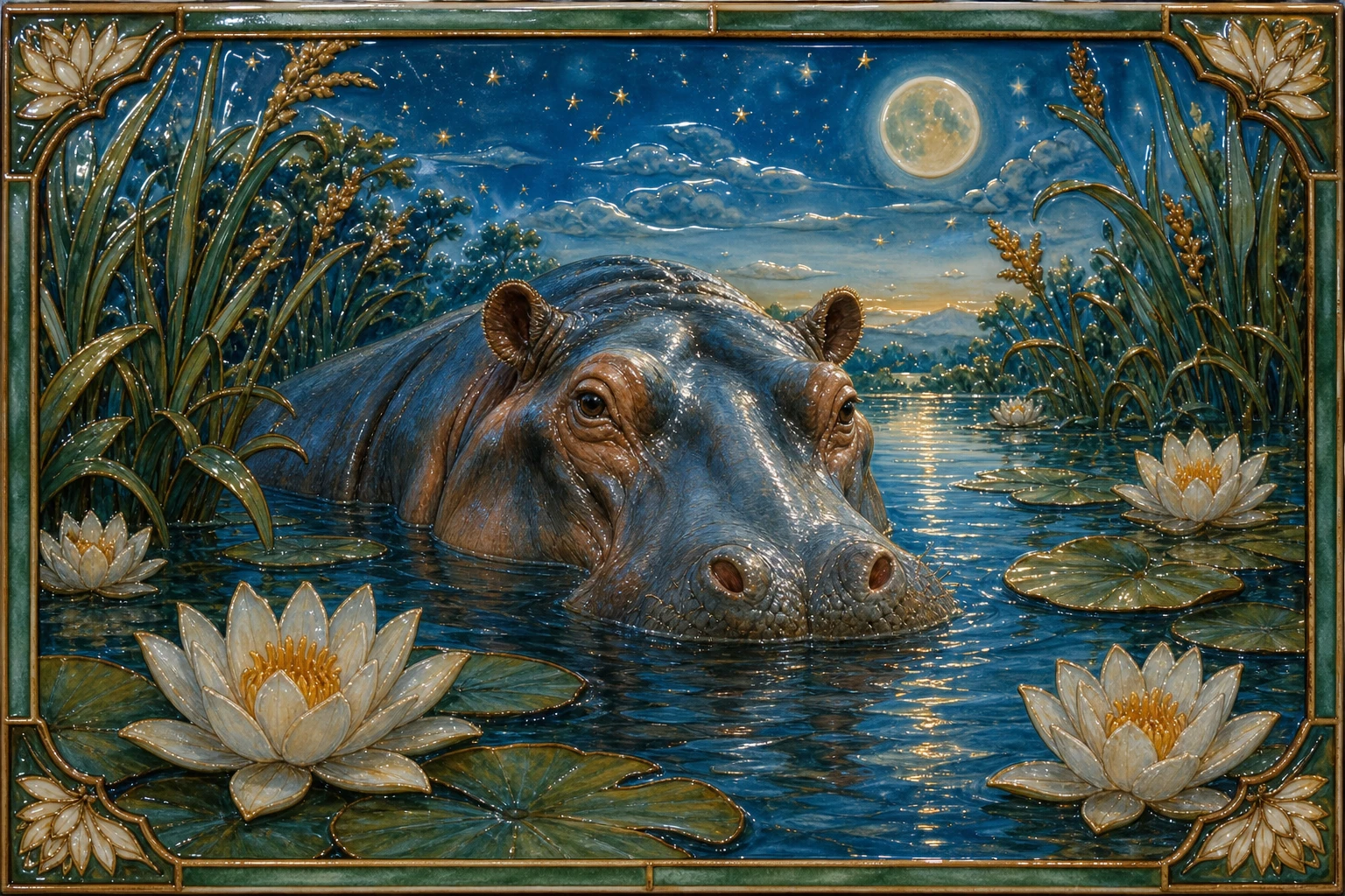 Adult hippopotamus in a calm African river with lilies