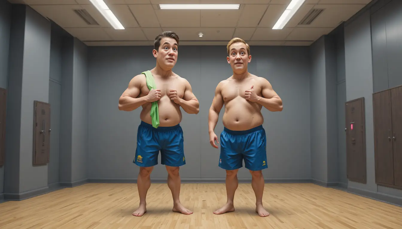 Athletic man and woman changing in modern gym locker room
