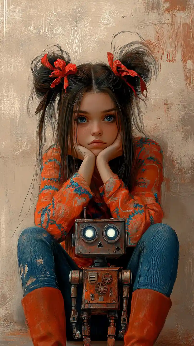 Girl with robot in tender storybook style portrait
