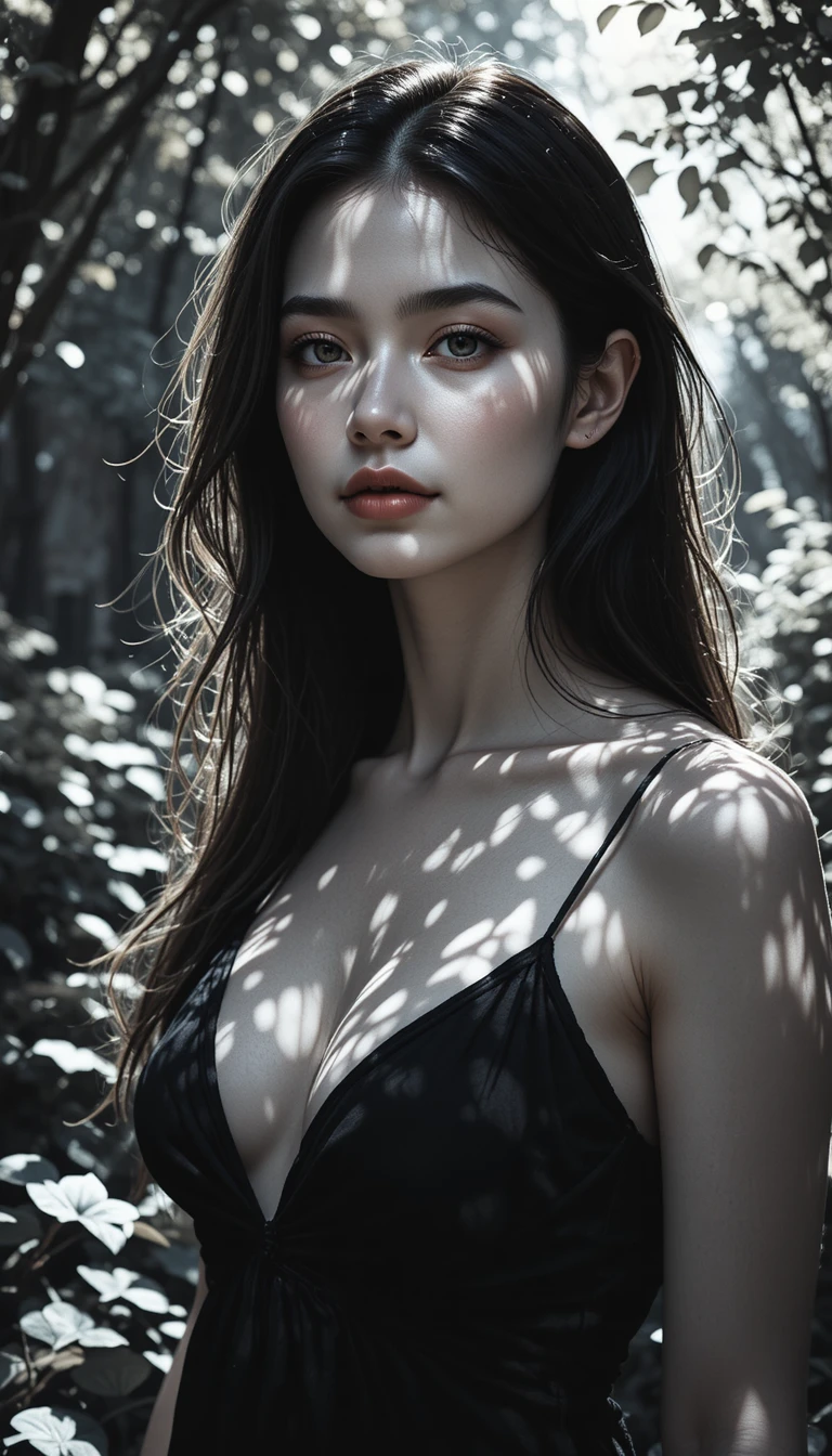 Young woman in dappled sunlight in a quiet garden