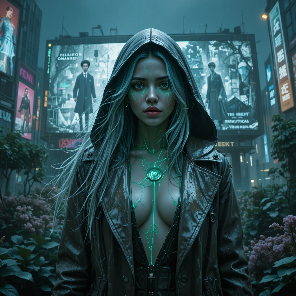 Cinematic Cyberpunk Woman Before Futuristic Garden City
