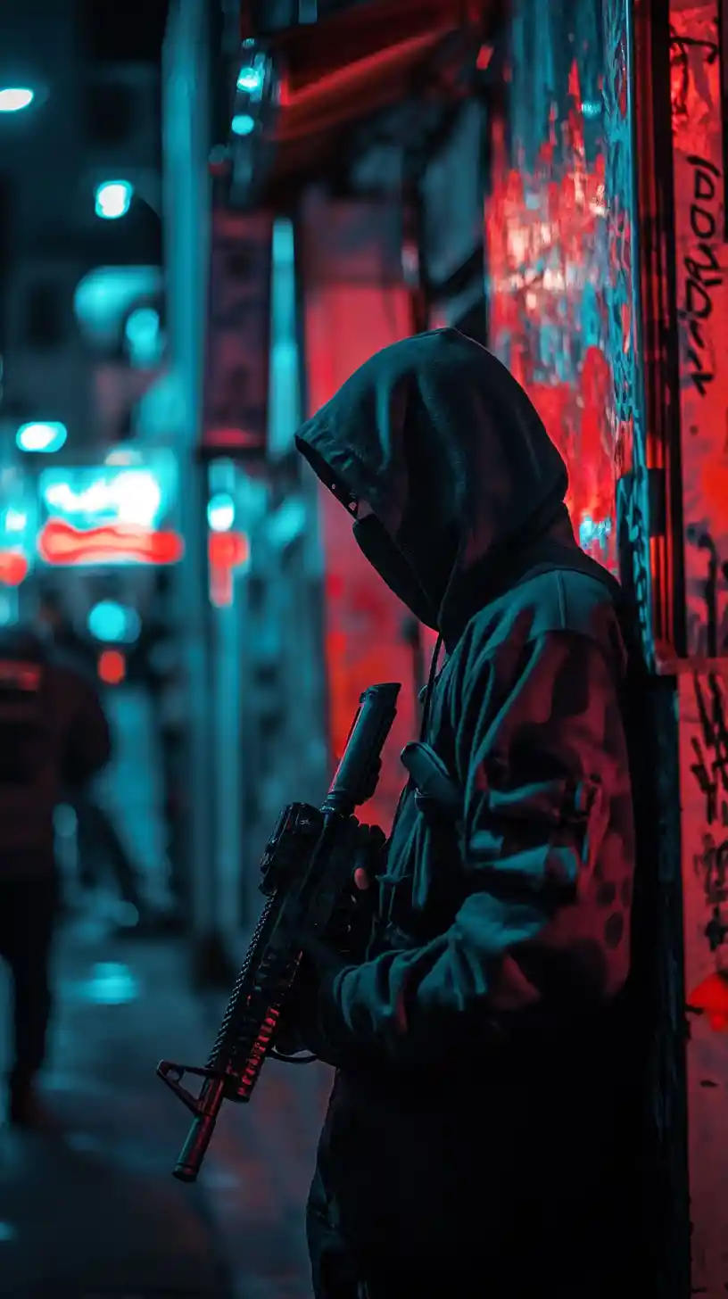 Low angle digital illustration of militant urban figures