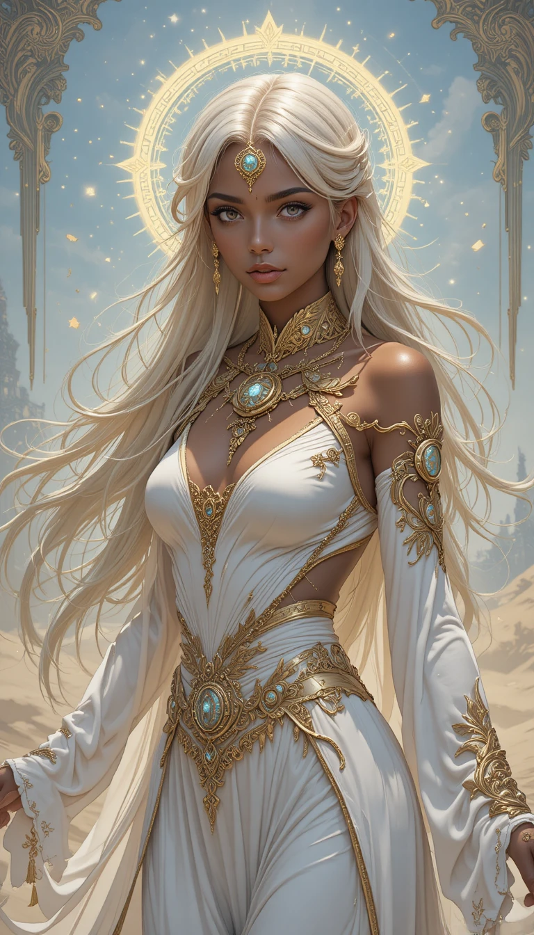 Elegante dunkelhäutige Fantasy-Zauberin in wehenden Wüstenroben