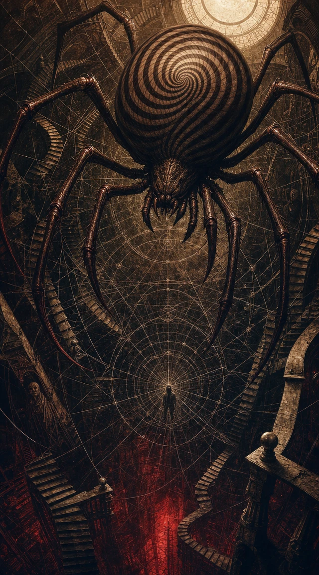 Giant spider above a spiral web in a crumbling chamber