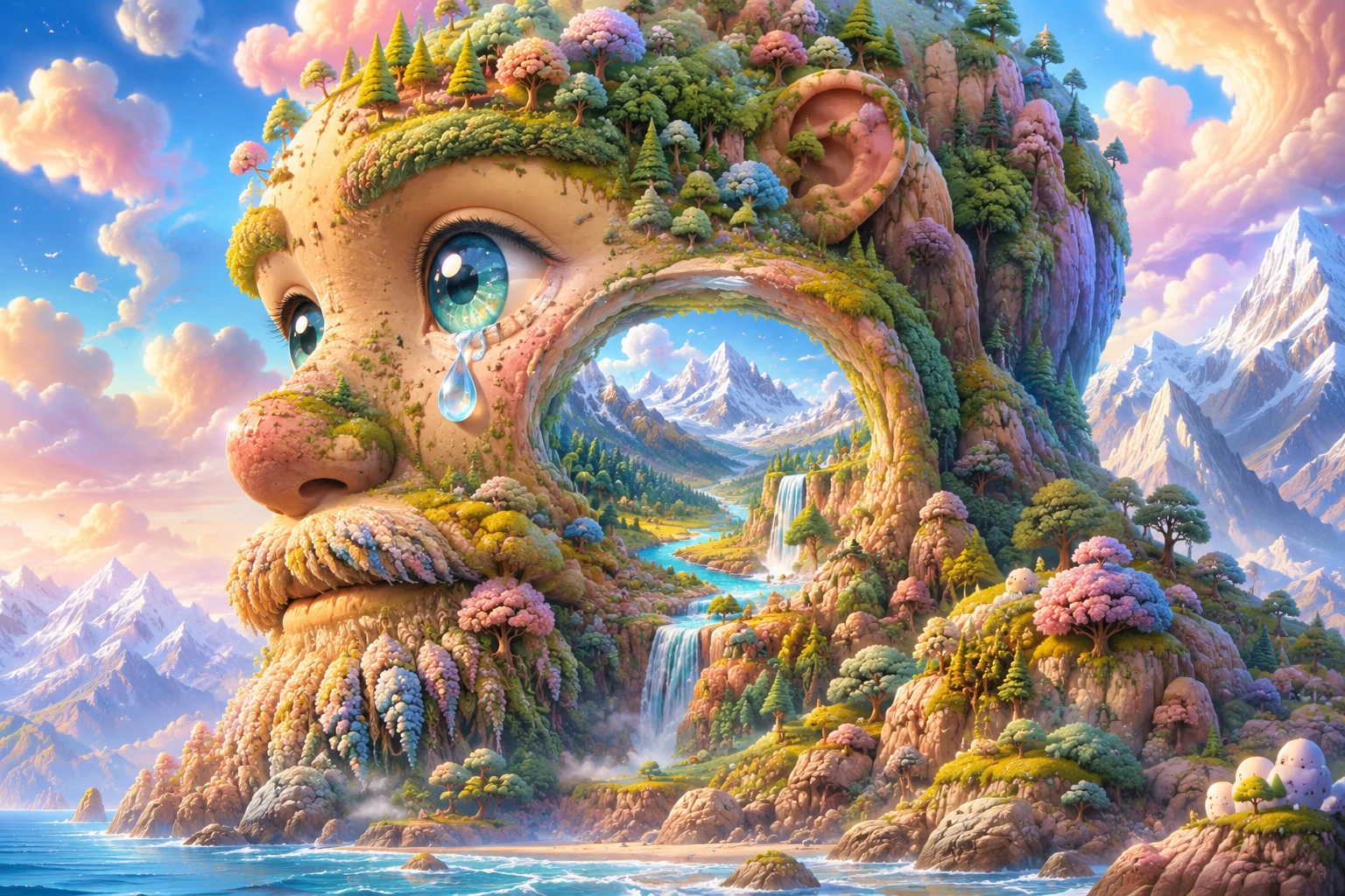 Retrato Kawaii de un Gigante de la Tierra en un Paisaje Pastel Surrealista