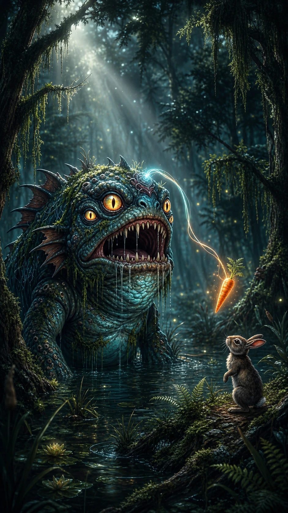 Ancient swamp monster watching a rabbit chase a carrot