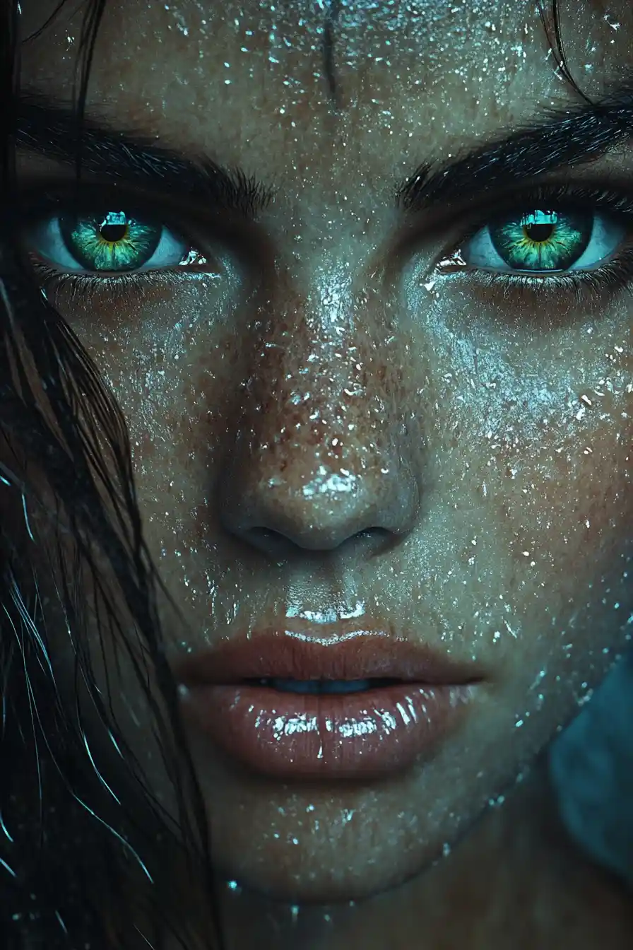 Intense close up portrait of a woman with emerald eyes