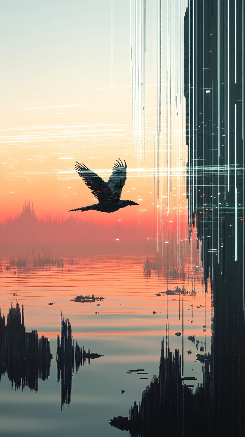 Bird flying through fragmented voxel abstract landscape