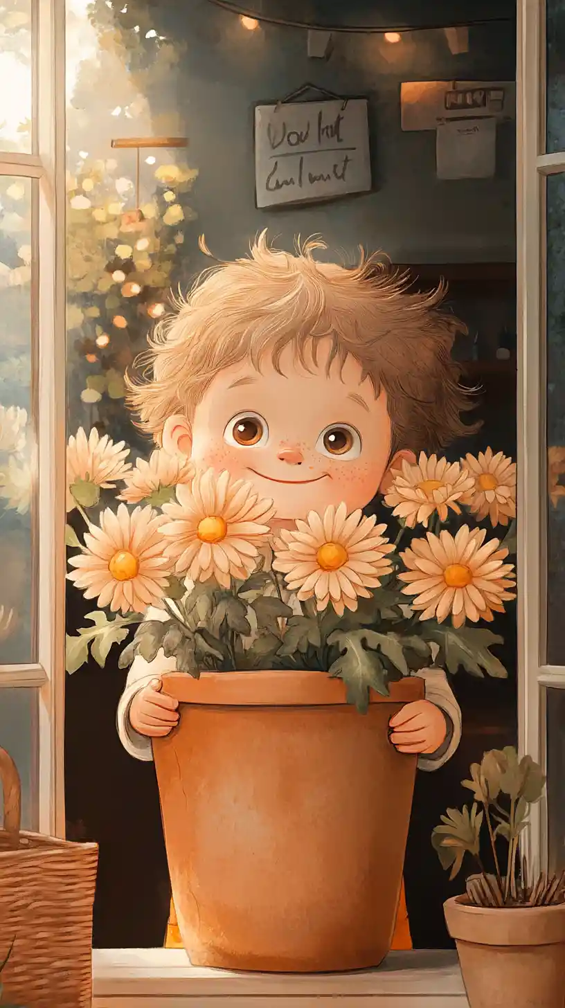 Child peeking from chrysanthemum pot in cozy greenhouse