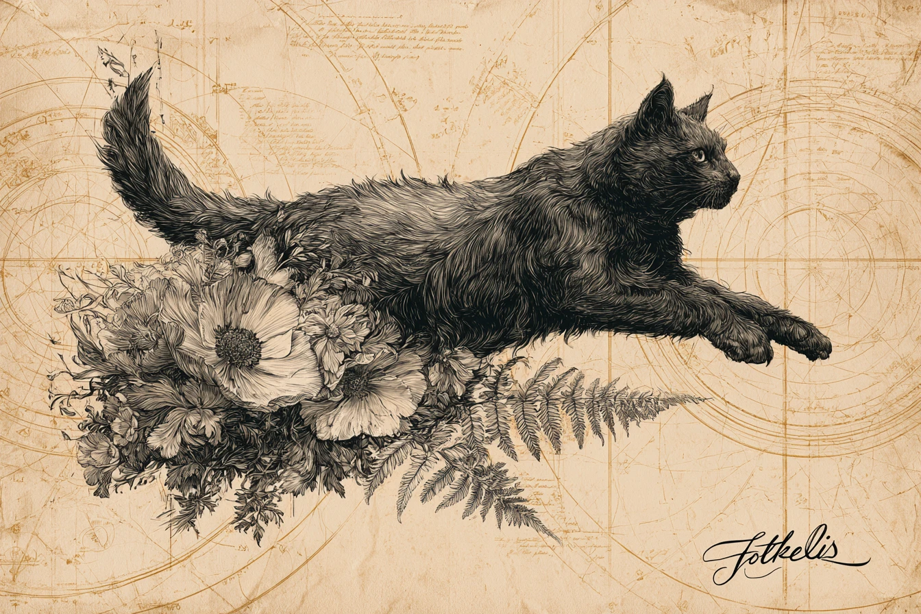 Leaping black cat with botanical anatomy on parchment