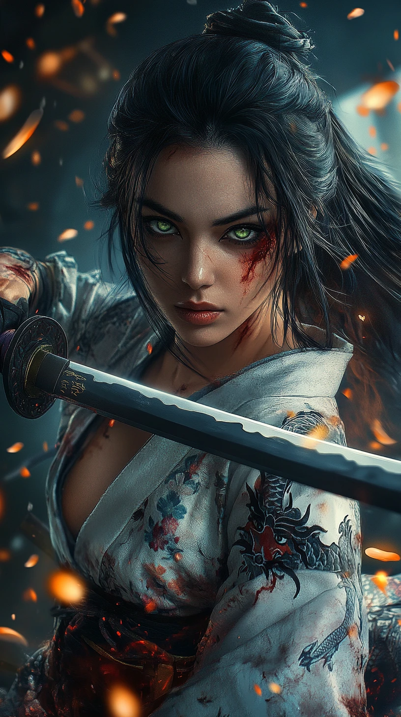 Fierce female samurai drawing her katana amid embers