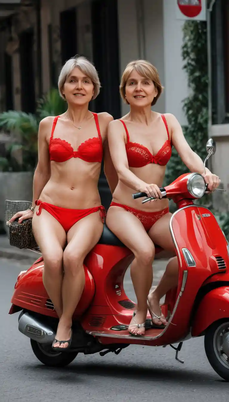 Two women on red vespa in stylish lingerie fashion
