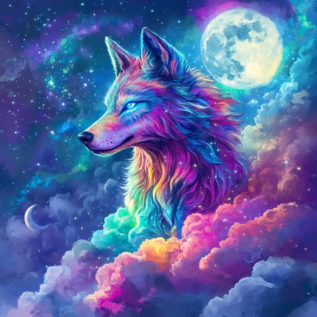 Mystical rainbow wolf running through a glowing night sky