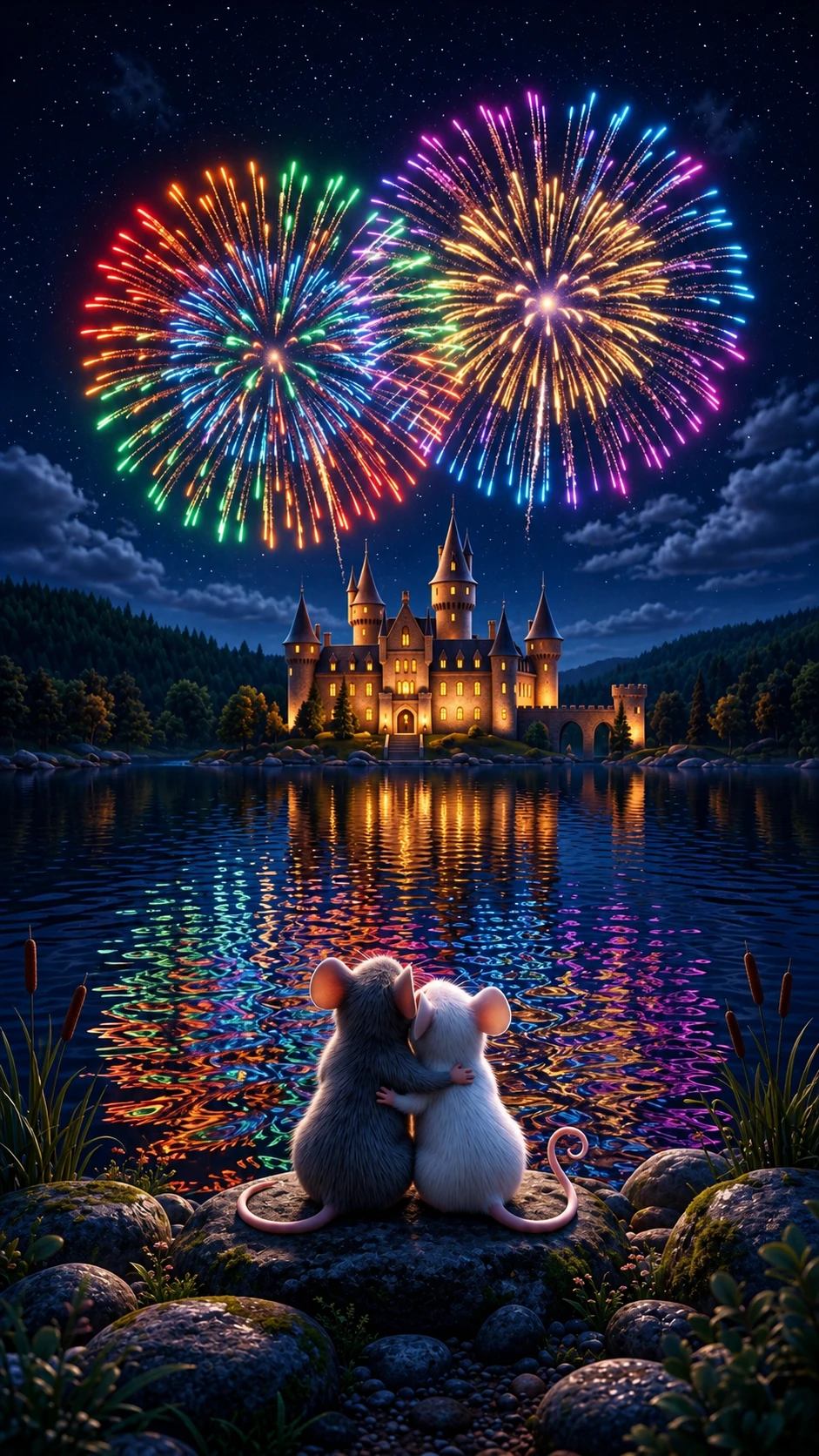 Two 3D mice cuddling by a lakeside under fireworks