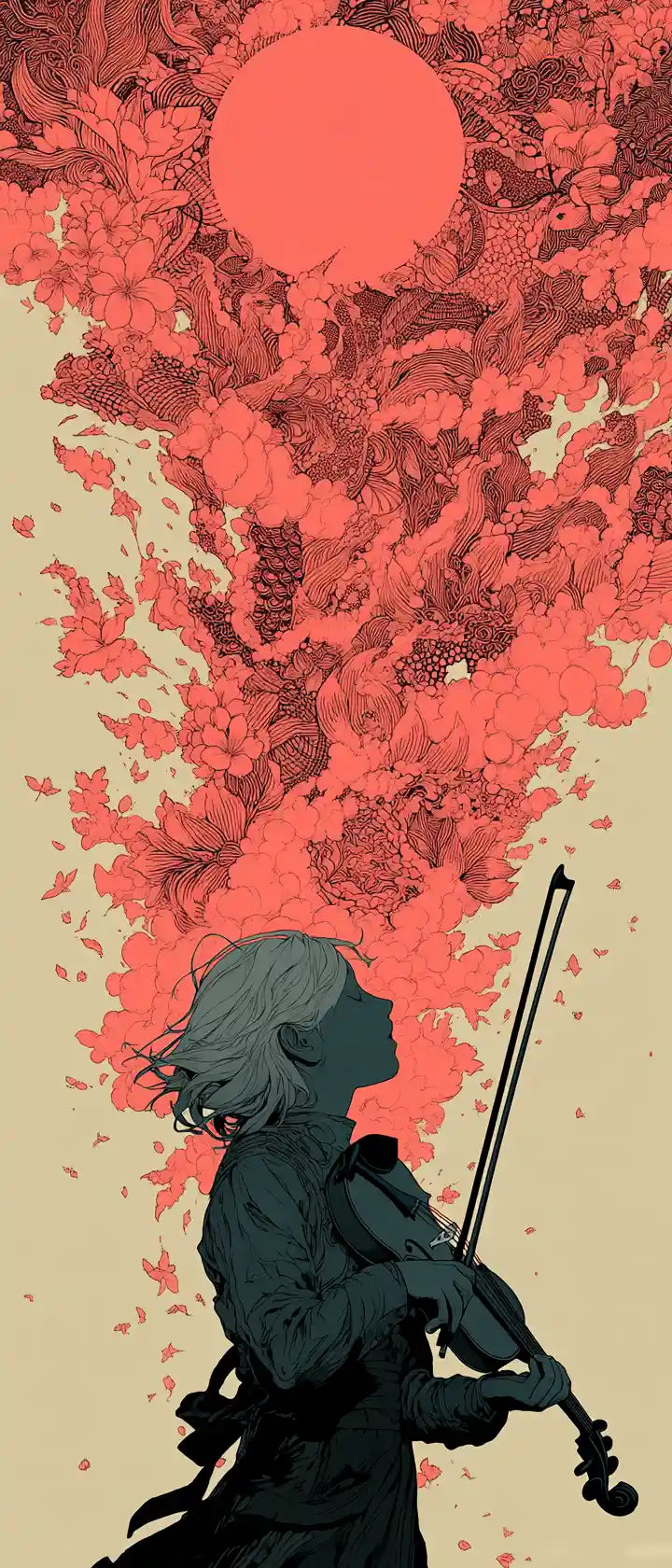 Anime girl with violin dissolving into sad zentangle patterns
