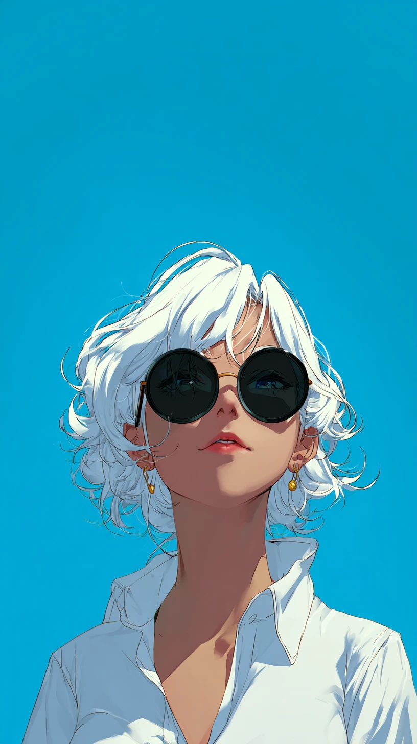 Anime girl with white hair and round sunglasses portrait