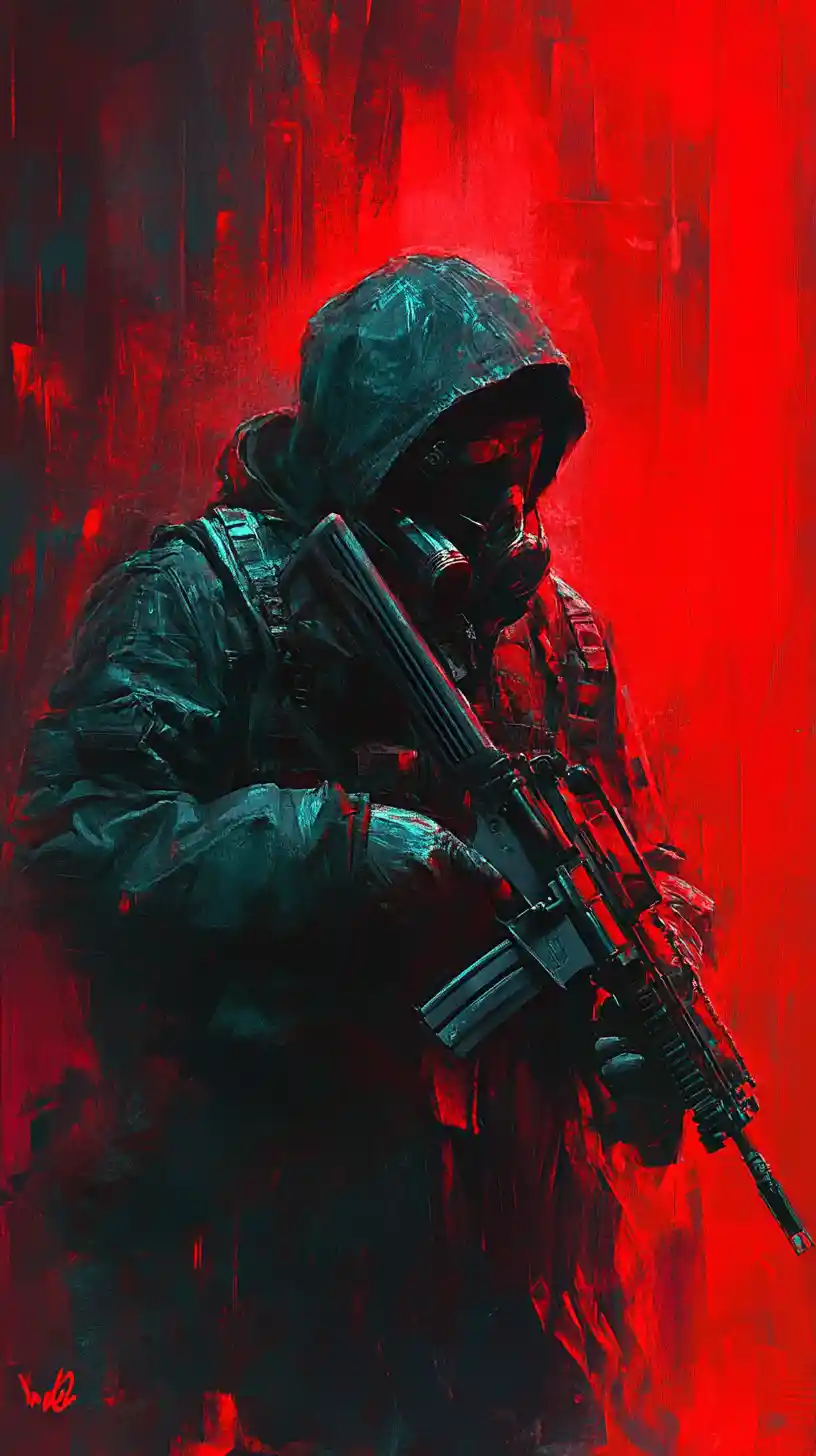 Man sitting low with a shotgun in an urban street