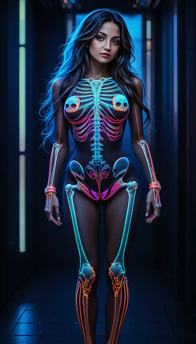 Neon skeleton bodysuit woman in a dark room
