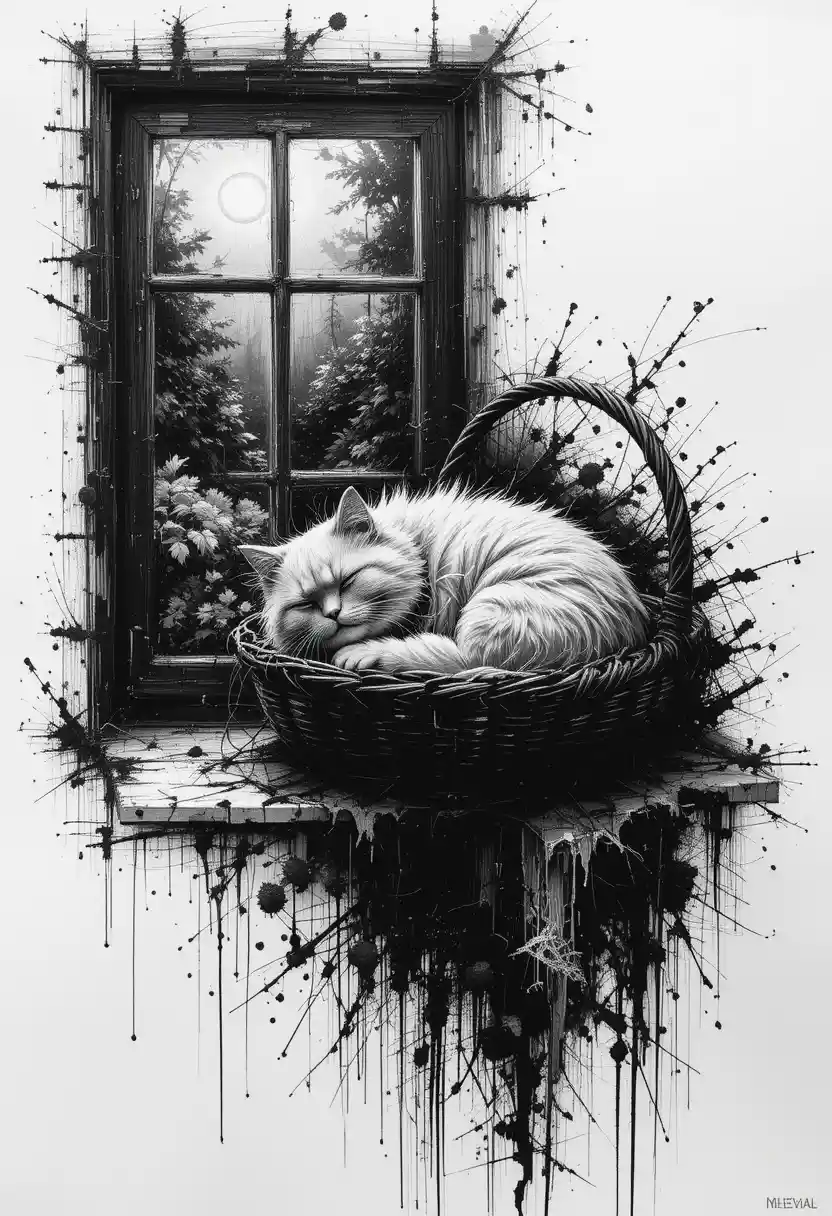 Sleeping persian cat in a basket under a sunny window