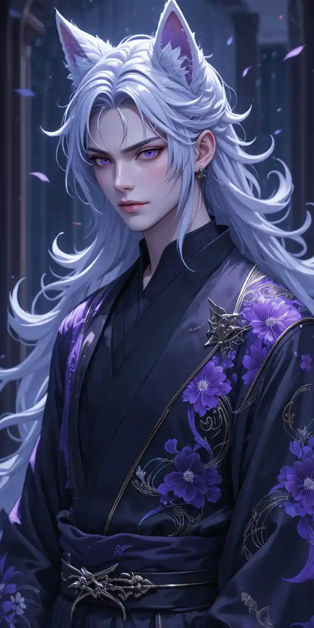 Elegant fox eared anime man in dark modern kimono